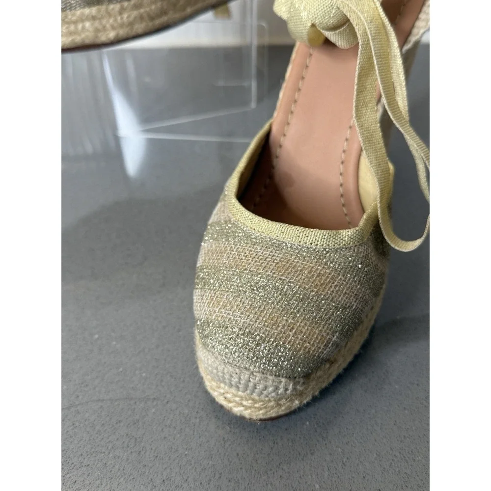 Kate Spade Gold Tan Espadrille Wedge Ankle Tie Sandals Shoes Women's Size 8M EUC